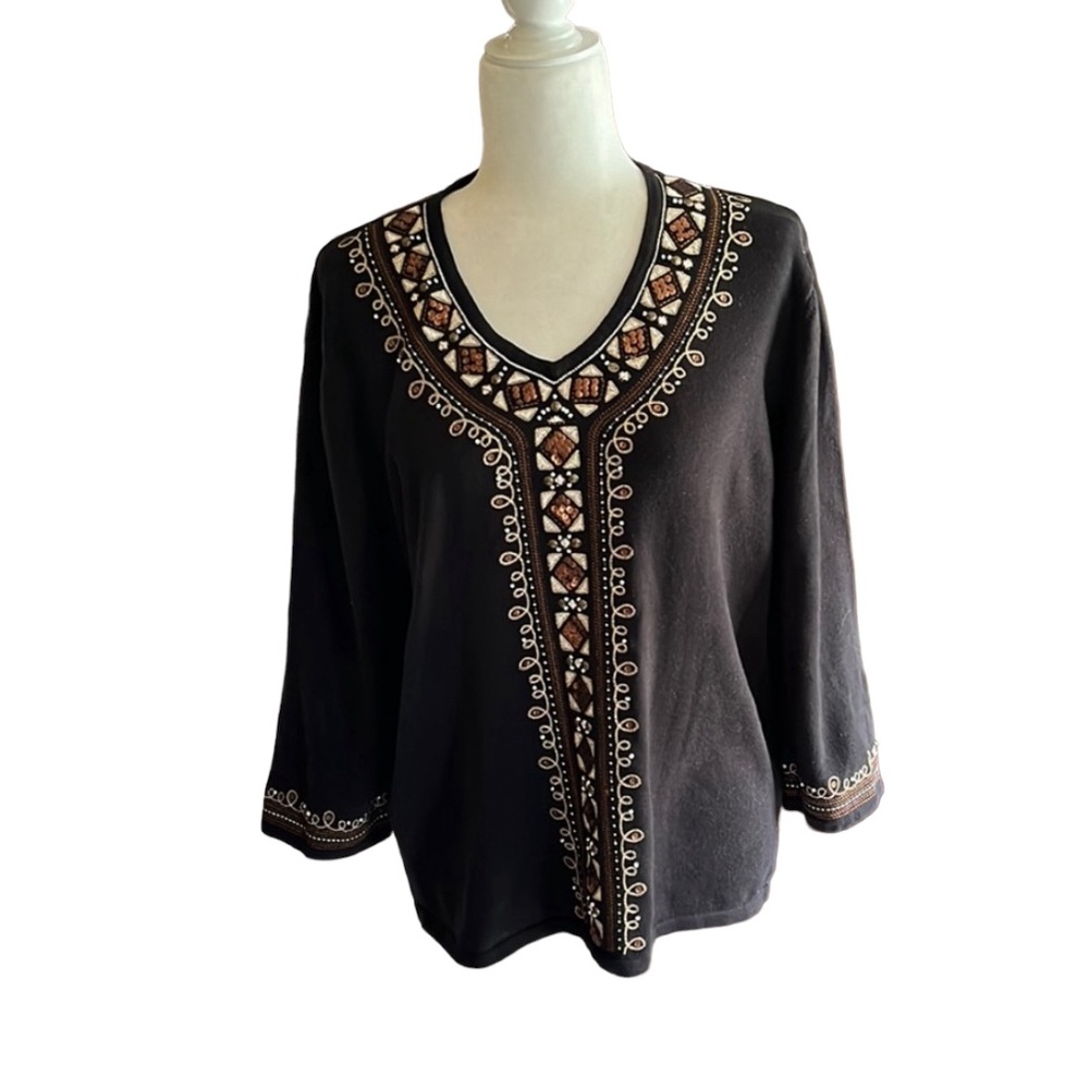 Alfred Dunner Black Tribal Knit Embroidered Beaded Top Size L